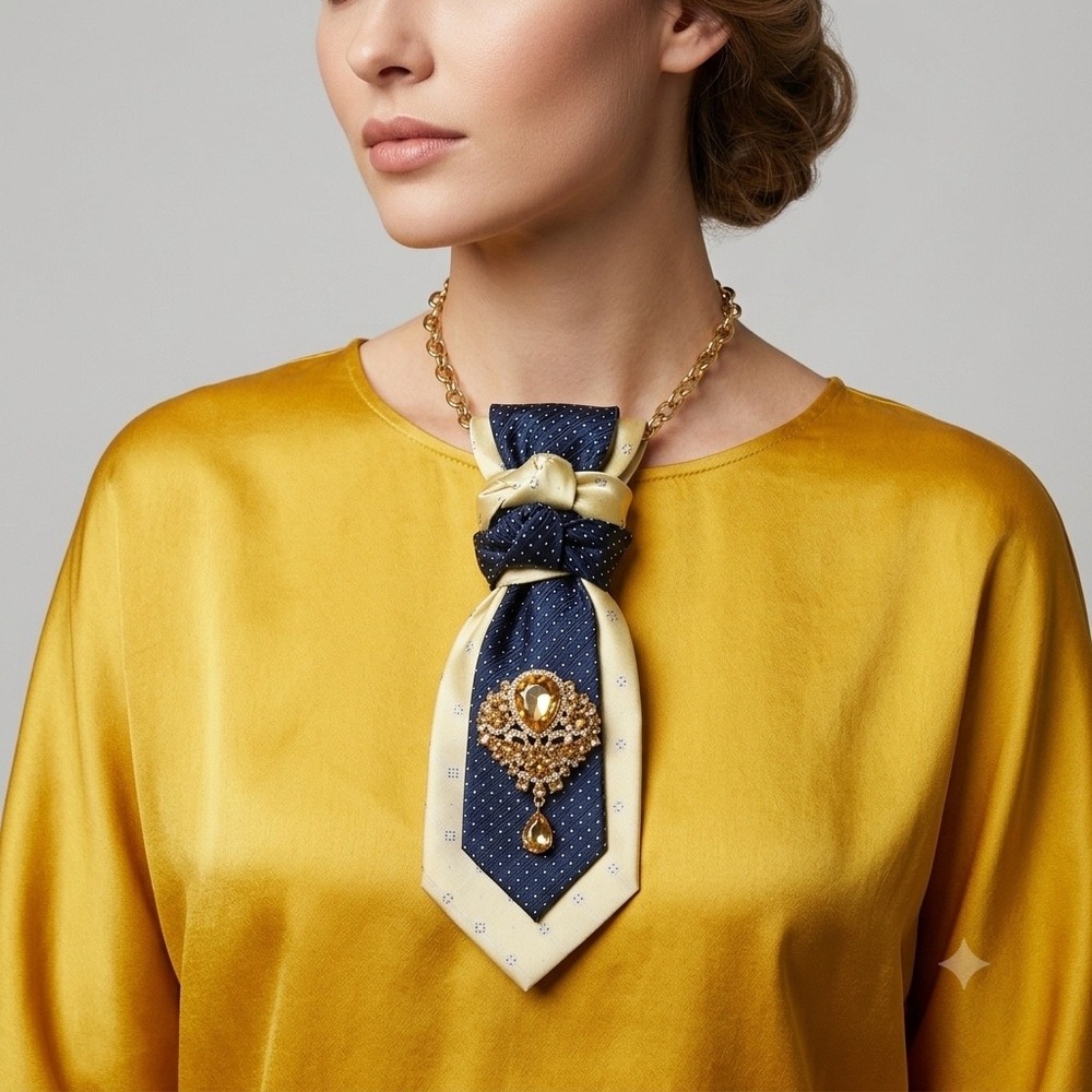 Upcycled Silk Tie Statement Necklace & Lapel Pin Set Navy Gold Izod Perry Ellis - Picture 4 of 10